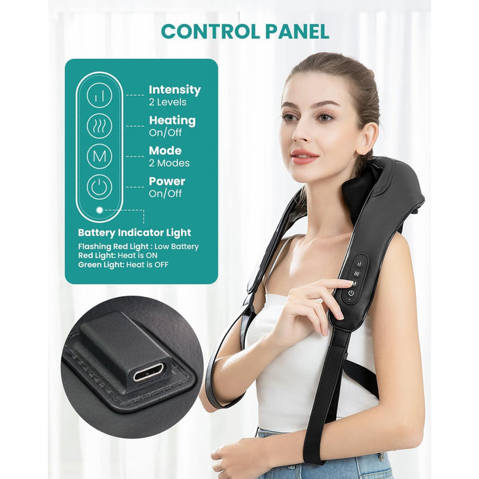 Cordless Neck Massager with Heat, 6D Kneading, Hands-Free
