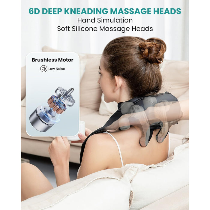 Cordless Neck Massager with Heat, 6D Kneading, Hands-Free