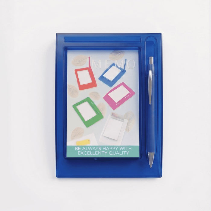 Memo Stand with Pen, Blue Desk Note Holder, 12.5 x 18.5 cm