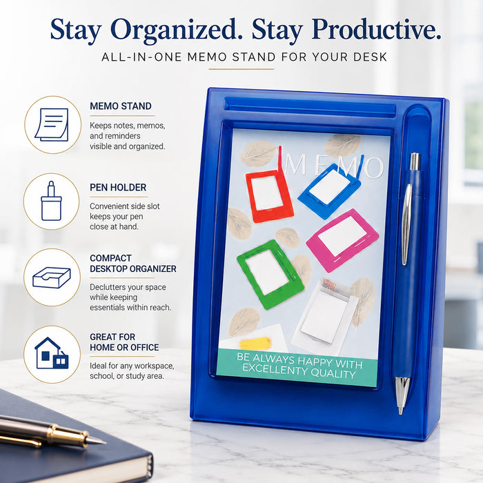 Memo Stand with Pen, Blue Desk Note Holder, 12.5 x 18.5 cm