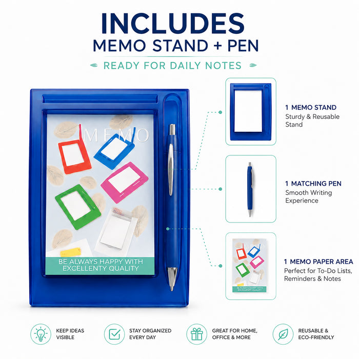 Memo Stand with Pen, Blue Desk Note Holder, 12.5 x 18.5 cm