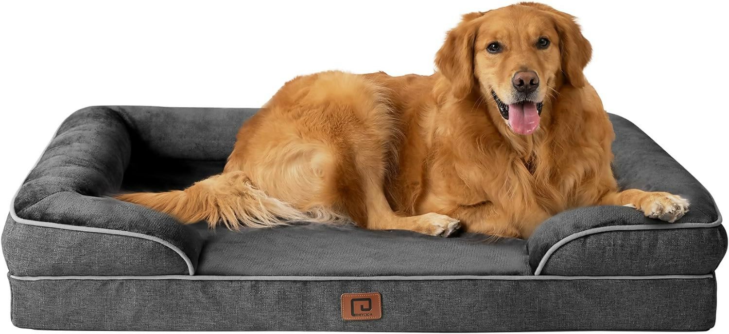 Memory Foam Orthopedic Dog Bed XL with Sides, Waterproof Liner Dog Beds for Extra Large Dogs, Non-Slip Bottom and Egg-Crate Foam Big Dog Couch Bed with Washable Removable Cover - Dark Grey