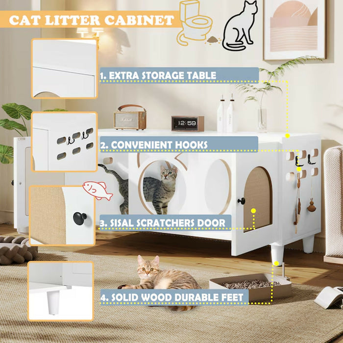 Cat Litter Box Enclosure Furniture, Wood Cat Cabinet Side Table with Sisal Scratcher Doors, Hidden Cat Washroom House with Storage Top and Cat Entry, Cream White, Modern Indoor Use