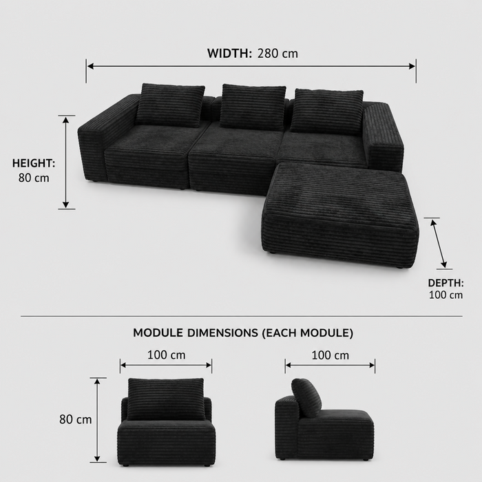 4-piece Cubic Cord Modular L-Shape Boneless Sofa, 280cm Extra Wide Sectional