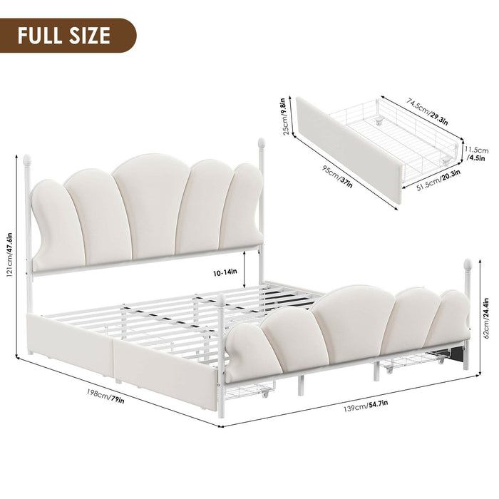 Velvet Upholstered Full-Size Bed Frame with 4 Storage Drawers, Cloud-Shaped Headboard, Sturdy Metal Slat Support, No Box Spring Required, Beige
