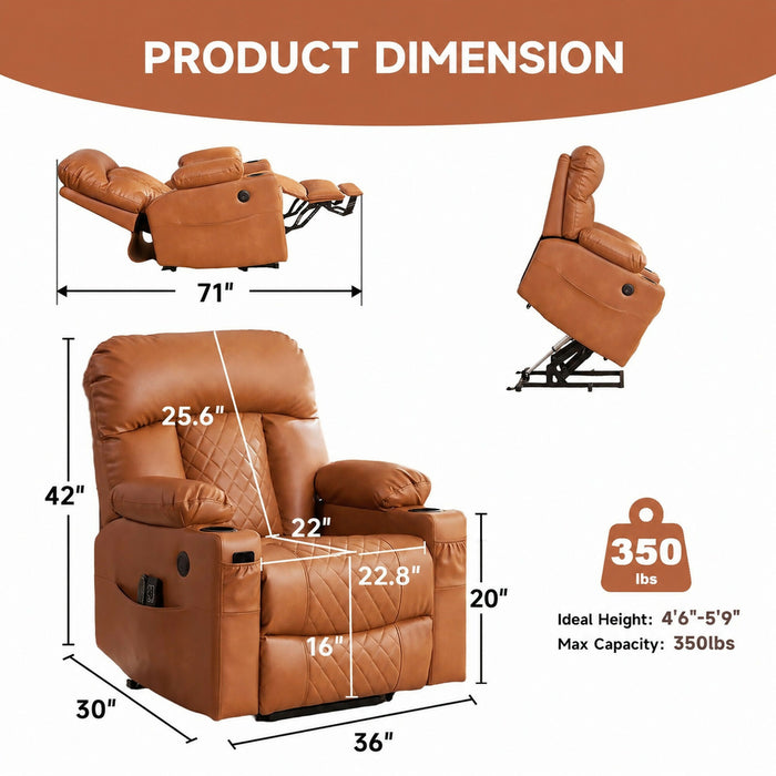 Power Lift Recliner Chair for Adults, Dual Motor Lay Flat Reclining Chair with Heat, Massage, USB Ports, Cup Holders, Side Pockets, Brown, Living Room Relaxation Chair