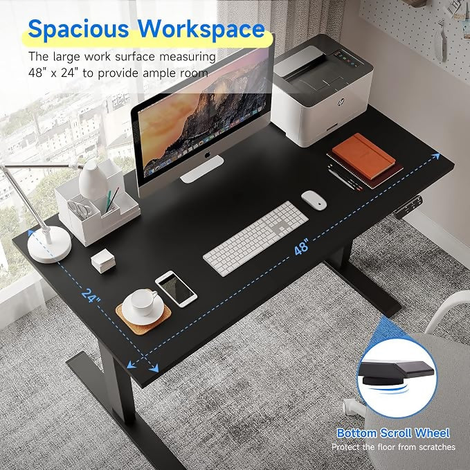 Soohow Electric Standing Desk 48 x 24 Inches Adjustable Height Desk, Dual Motor Stand Up Computer Desk, Black Tabletop (120 x 60 cm), Black Frame for Home Office