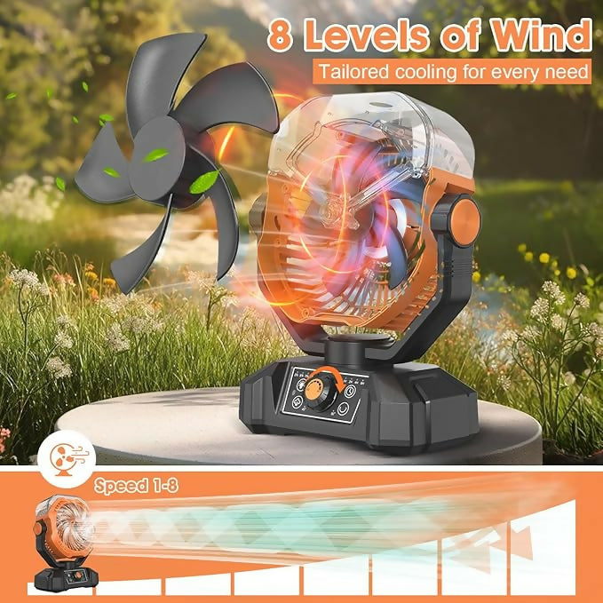 Misting Fan Rechargeable,8-Speed with Dual Mist Modes,40-Inch Long Range Spray,360ML Water tank,Portable Cooling Fan with Remote Control,Dual-Color LED Light for Patio,Camping,and Home Use(Orange)