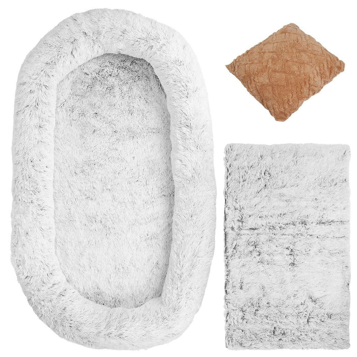 Extra-Large Calming Dog Bed 174×110 cm with Blanket & Pillow, Ultra-Soft Plush Orthopedic Foam Support, Washable Cover, Non-Slip Bottom – XXL Comfort Bed for Large Dogs & Multi-Pets – Grey