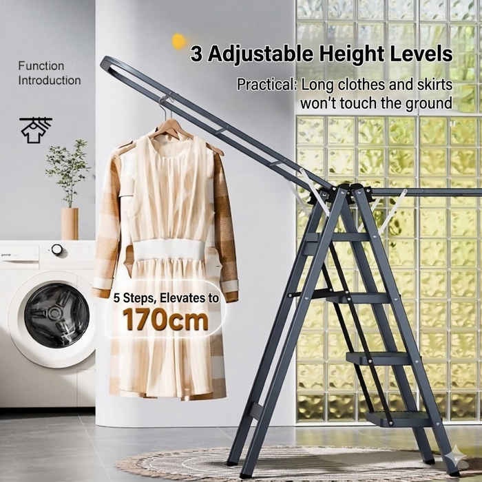 Step Ladder Drying Rack Foldable Height-Adjustable Clothes Drying Stand with Wide Non-Slip Steps 5-Step Laundry Ladder Rack Indoor Space-Saving Clothes Hanger Model LYJ5STEP