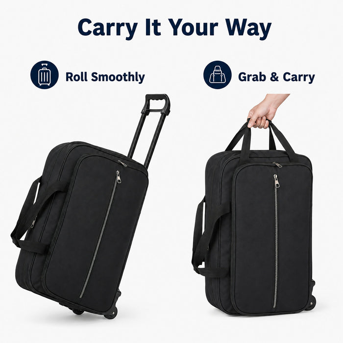 Rolling Duffel Bag, Compact Travel Bag with Wheels, Telescopic Pull Handle, Front Zip Pocket, Dual Carry Handles, 53 x 33 x 22 cm, Black Soft-Sided Weekender Luggage for Short Trips