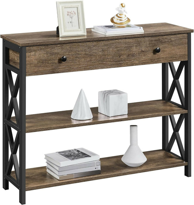 Industrial Console Table with Drawer – 100cm Narrow Entry Table with 2-Tier Storage Shelves and Metal Frame, Taupe Wood