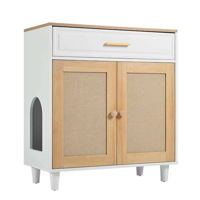 Cat Litter Box Enclosure Furniture, Hidden Cat Washroom Cabinet with Scratcher Doors, Storage Drawer, 2 AC Outlets & 2 USB Ports, 31.5 x 15.8 x 32.5 in, White/Natural Side Table