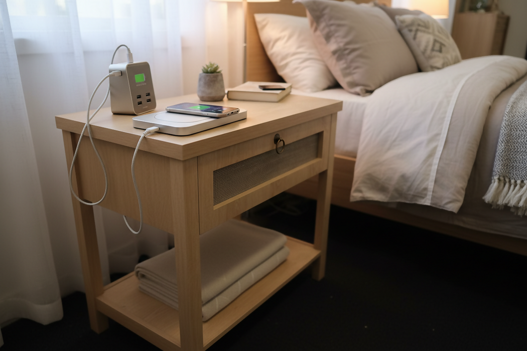 27" Rattan Nightstand with Built-in Charging Station – Modern Boho End Table with Drawer & Open Shelf