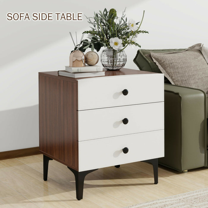 Nightstand with Charging Station, 3 Drawer Wood Bedside Table with Leather-Style Fronts, AC Outlet + USB + Type-C, Modern End Table for Bedroom Living Room Apartment