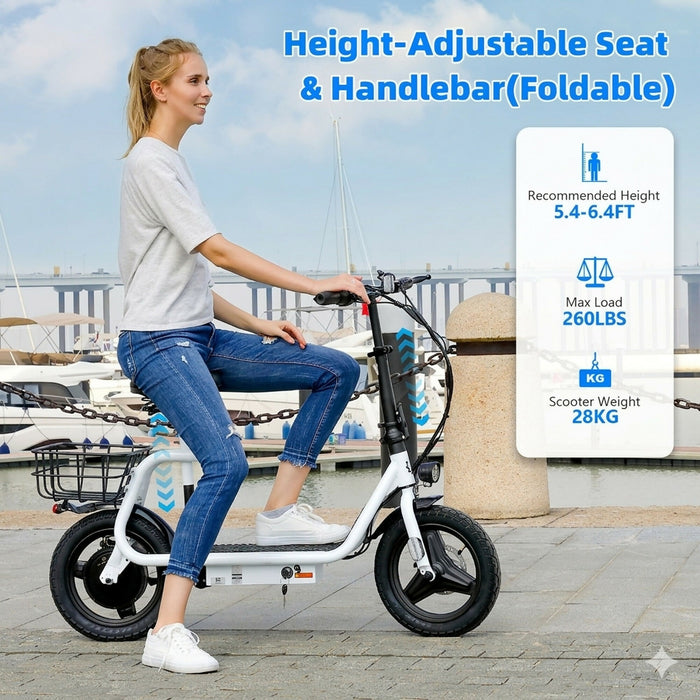 Adult Electric Scooter with Seat, 750W Motor, 14-Inch Pneumatic Tires, Foldable Handlebar, Rear Basket, Front & Rear Disc Brakes, LED Lights, LCD Display, Black Commuter E-Scooter Model P1402
