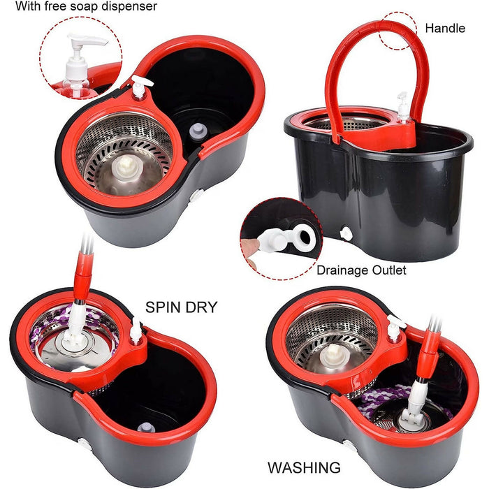 Spin Mop & Bucket Set with Wringer – 360° Rotating Microfiber Mop, Self-Wringing System, Telescopic Stainless Steel Handle, 3 Reusable Mop Heads, Dual-Chamber Bucket with Soap Dispenser for Floor Cleaning