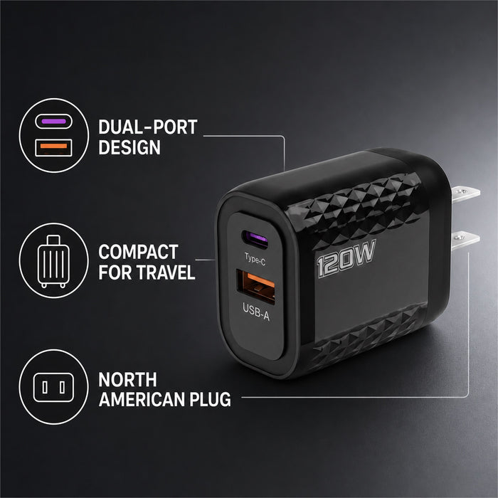 120W USB C Wall Charger, Dual-Port USB C and USB A, Black
