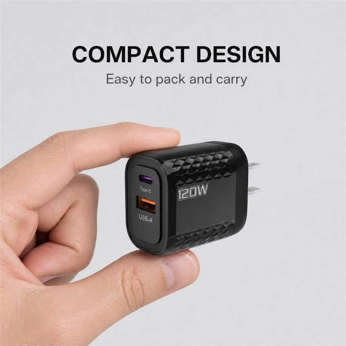 120W USB C Wall Charger, Dual-Port USB C and USB A, Black