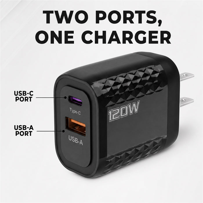 120W USB C Wall Charger, Dual-Port USB C and USB A, Black