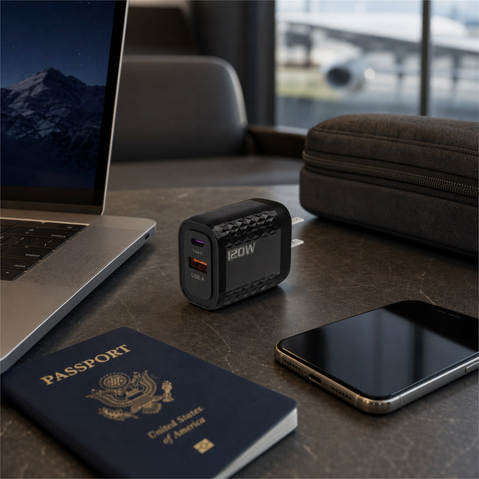 120W USB C Wall Charger, Dual-Port USB C and USB A, Black