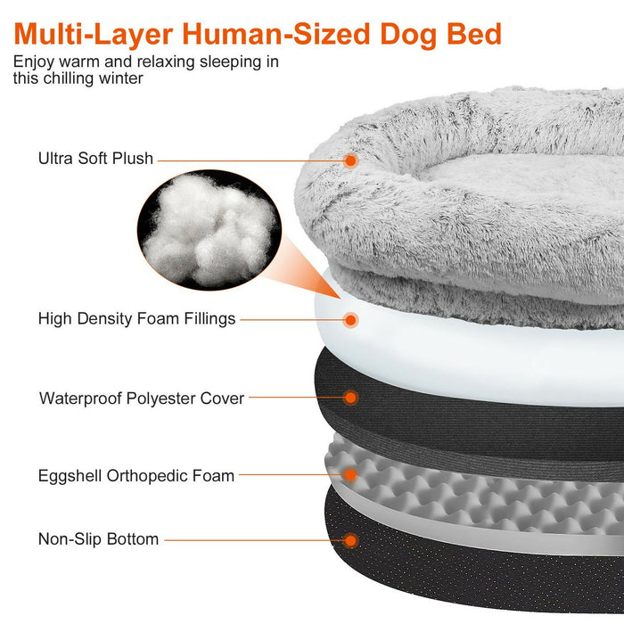 Extra-Large Calming Dog Bed 174×110 cm with Blanket & Pillow, Ultra-Soft Plush Orthopedic Foam Support, Washable Cover, Non-Slip Bottom – XXL Comfort Bed for Large Dogs & Multi-Pets – Grey