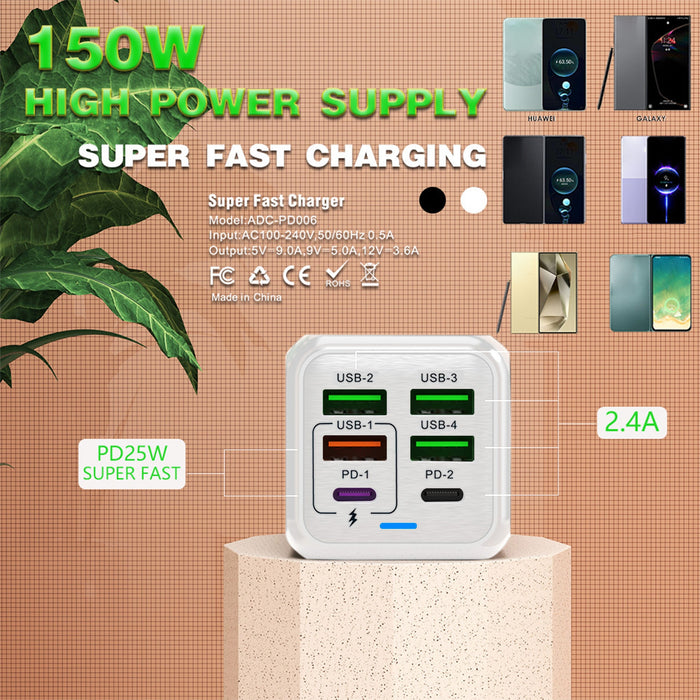6-Port USB Wall Charger, 4 USB-A and 2 USB-C PD