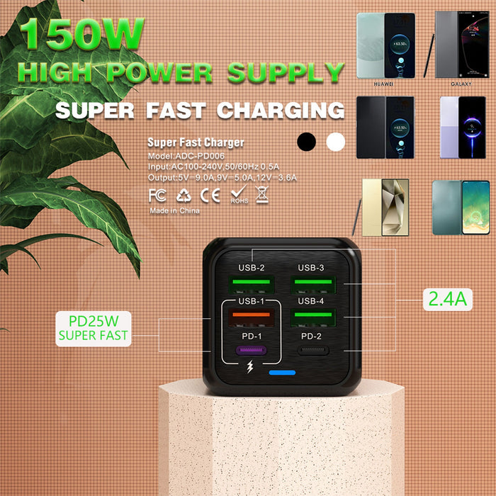 6-Port USB Wall Charger, 4 USB-A and 2 USB-C PD