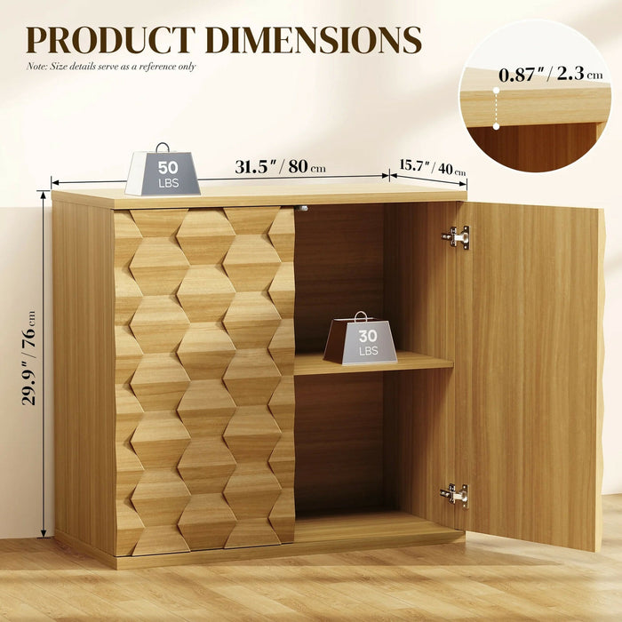 Sideboard Storage Cabinet with Doors Modern 3D Hexagon Design, Soft-Close Hinges, Handleless Push-Open, Thickened Top 31.5” Wide Buffet Cabinet for Dining Room, Living Room