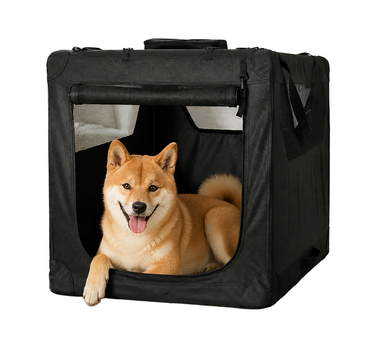 Soft Sided Dog Crate, Large Folding Portable Pet Kennel with Mesh Ventilation, Fleece Bed, Carry Handles & Storage Pouch, Black Travel Crate for Dogs, 107 x 79 x 78 cm