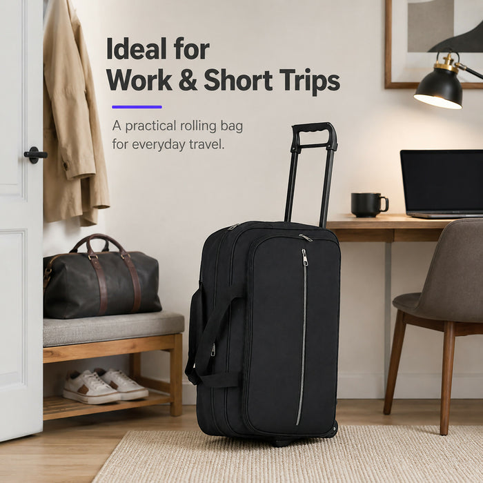 Rolling Duffel Bag, Compact Travel Bag with Wheels, Telescopic Pull Handle, Front Zip Pocket, Dual Carry Handles, 53 x 33 x 22 cm, Black Soft-Sided Weekender Luggage for Short Trips