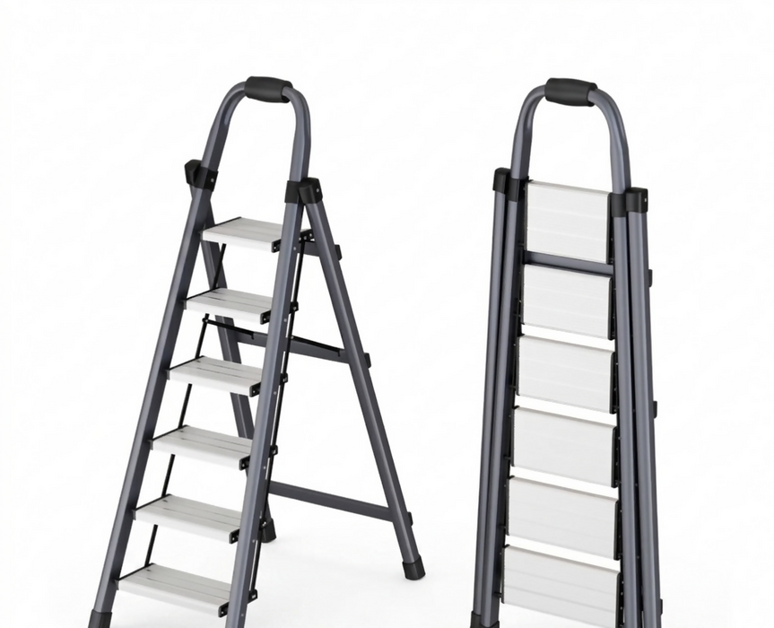 6-Step Folding Step Ladder with Handrail, Wide Anti-Slip Pedals, Space-Saving Foldable Design, Stable Triangular Frame, Carbon Steel Home Ladder for Kitchen, Closet, Office, Grey
