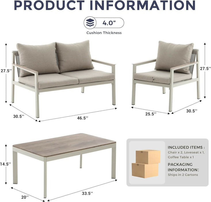 4-Piece Patio Furniture Set with All-Aluminum Rust-Resistant Frame, 2 Accent Chairs, Loveseat, and Faux Teak Coffee Table