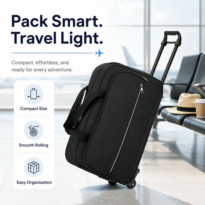 Rolling Duffel Bag, Compact Travel Bag with Wheels, Telescopic Pull Handle, Front Zip Pocket, Dual Carry Handles, 53 x 33 x 22 cm, Black Soft-Sided Weekender Luggage for Short Trips