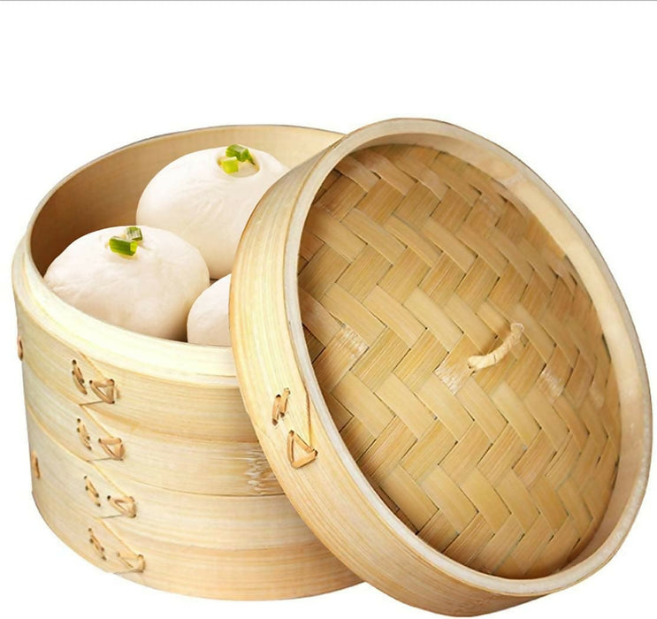 Bamboo Steamer 10 Inch, 2 Tier Steamer Basket & Lid, Dumpling Steamer, Dim Sum Steamer Basket, with Round Shape Mesh Non-Stick Pad, Steaming for Vegetables, Bao Bun, Rice, Chicken, Fish & Meat