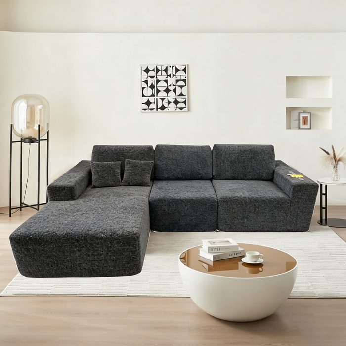 Teddy Compression Sofa Upholstered Velvet Chaise longue sofa For Four Person, High Rebound Density Sponge Sofa for Living Room, Bedroom, Apartment or Office, 284cm