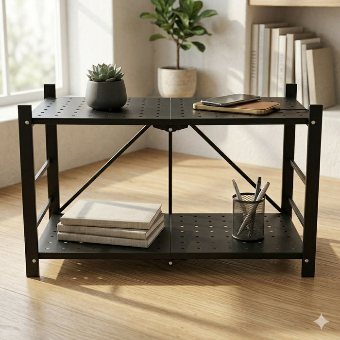 Foldable Countertop Shelf Organizer, 2-Tier Metal Storage Rack, Collapsible Space-Saving Cabinet and Counter Riser, 70 x 33.5 x 43 cm, Black, Kitchen Pantry Bathroom Office Use