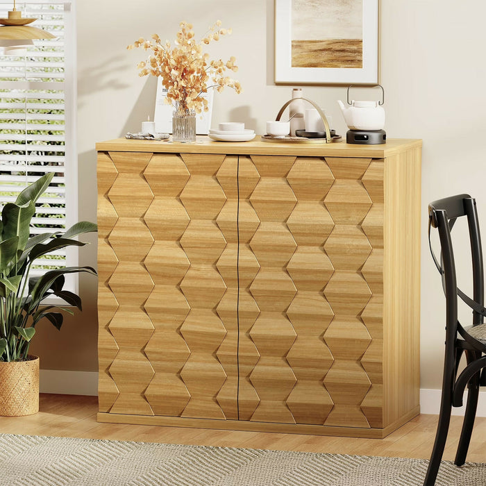 Sideboard Storage Cabinet with Doors Modern 3D Hexagon Design, Soft-Close Hinges, Handleless Push-Open, Thickened Top 31.5” Wide Buffet Cabinet for Dining Room, Living Room
