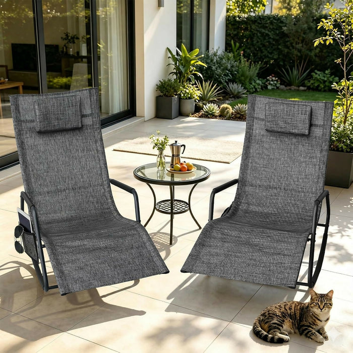 Set of 2 Outdoor Rocking Lounge Chairs, Ergonomic Textilene Chaise Loungers with Side Pockets & Removable Headrests, Breathable All-Weather Patio Chairs for Poolside, Garden & Porch, Gray and Beige