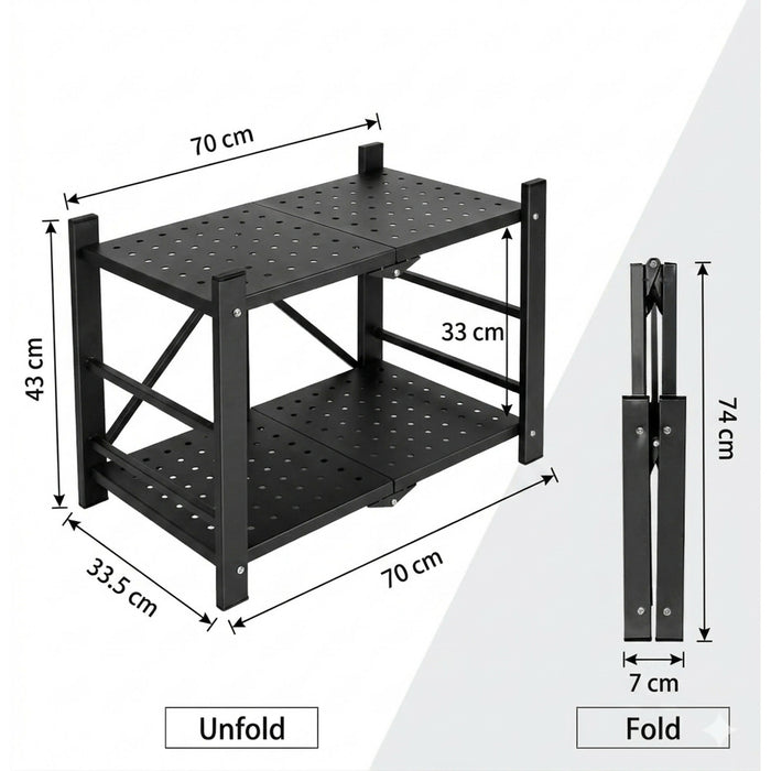 Foldable Countertop Shelf Organizer, 2-Tier Metal Storage Rack, Collapsible Space-Saving Cabinet and Counter Riser, 70 x 33.5 x 43 cm, Black, Kitchen Pantry Bathroom Office Use