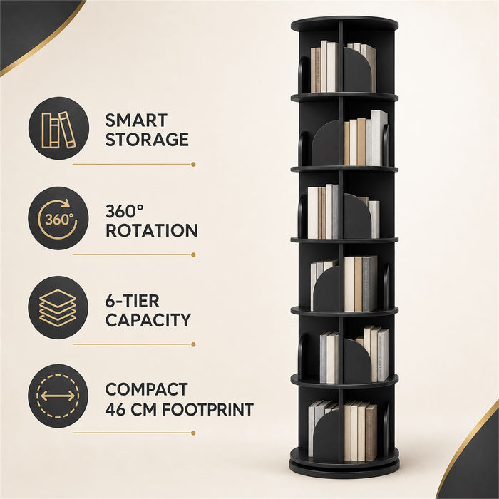 6-Tier Rotating Bookshelf 360° Revolving Storage Tower, Black