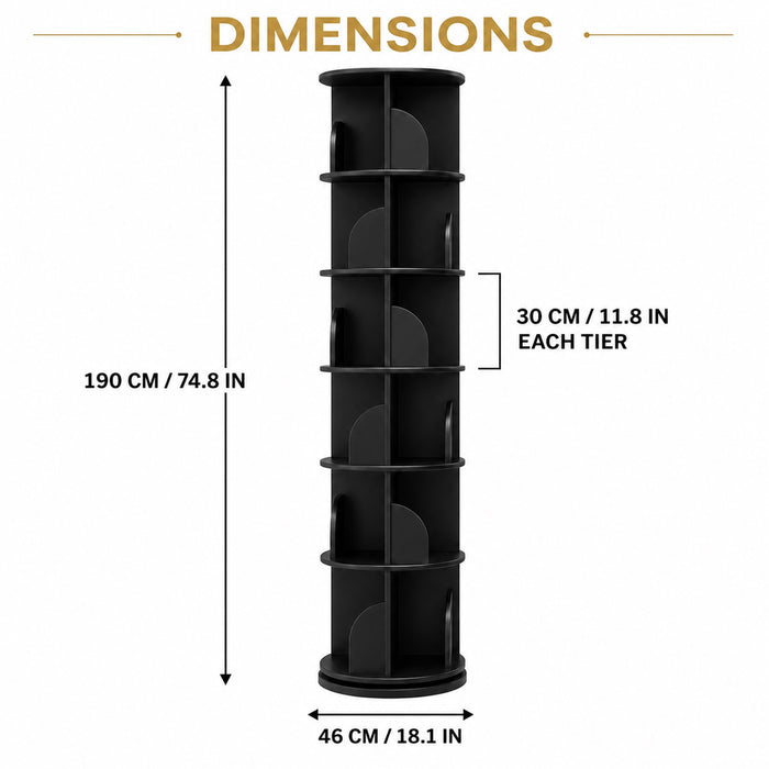 6-Tier Rotating Bookshelf 360° Revolving Storage Tower, Black