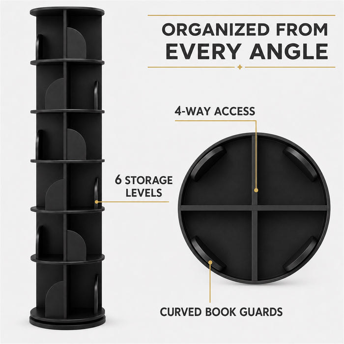 6-Tier Rotating Bookshelf 360° Revolving Storage Tower, Black