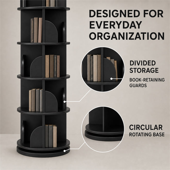 6-Tier Rotating Bookshelf 360° Revolving Storage Tower, Black