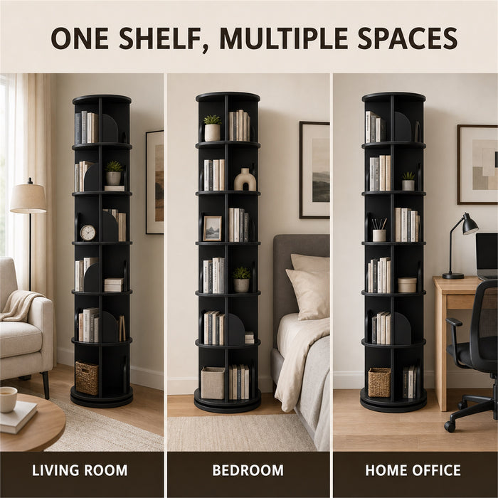 6-Tier Rotating Bookshelf 360° Revolving Storage Tower, Black