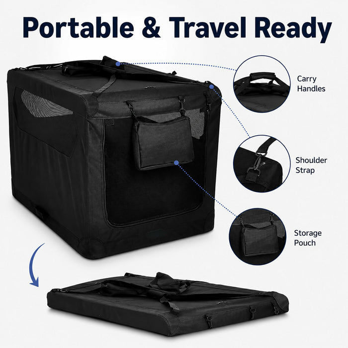 Soft Sided Dog Crate, Large Folding Portable Pet Kennel with Mesh Ventilation, Fleece Bed, Carry Handles & Storage Pouch, Black Travel Crate for Dogs, 107 x 79 x 78 cm