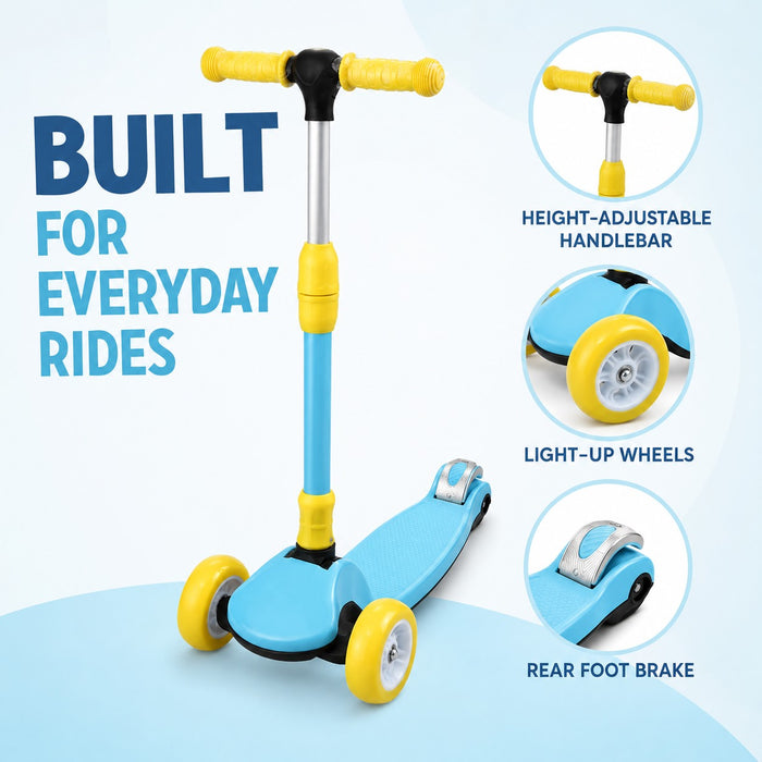 Kids 3-Wheel Kick Scooter, Adjustable Handlebar, Foldable, Light-Up Wheels, Blue
