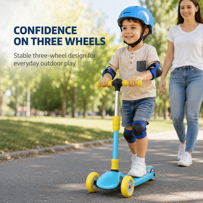 Kids 3-Wheel Kick Scooter, Adjustable Handlebar, Foldable, Light-Up Wheels, Blue