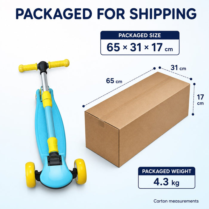 Kids 3-Wheel Kick Scooter, Adjustable Handlebar, Foldable, Light-Up Wheels, Blue