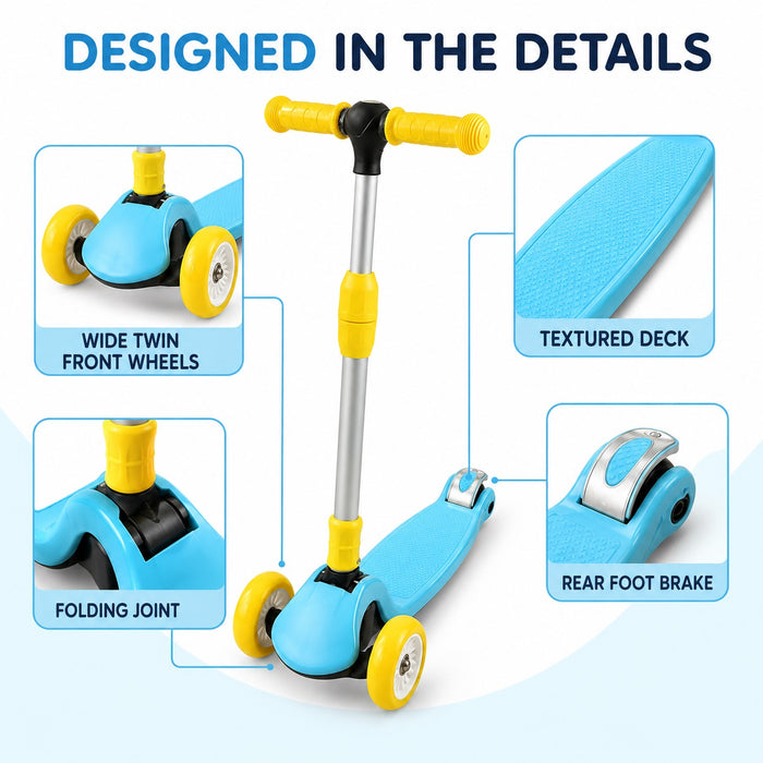 Kids 3-Wheel Kick Scooter, Adjustable Handlebar, Foldable, Light-Up Wheels, Blue